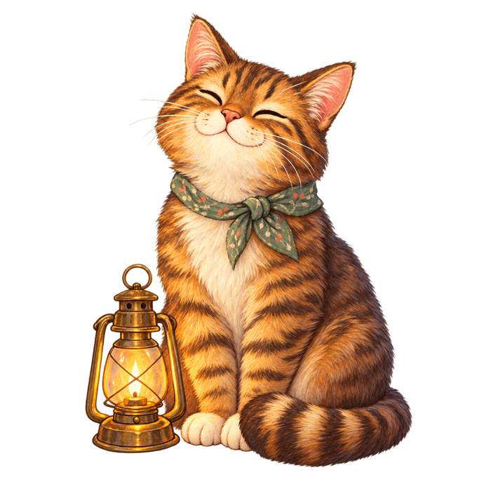 A contented cat sitting beside a small lantern.