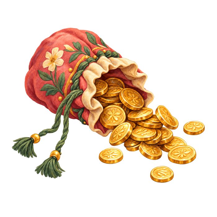 A small purse tipped over with gold coins spilling out.
