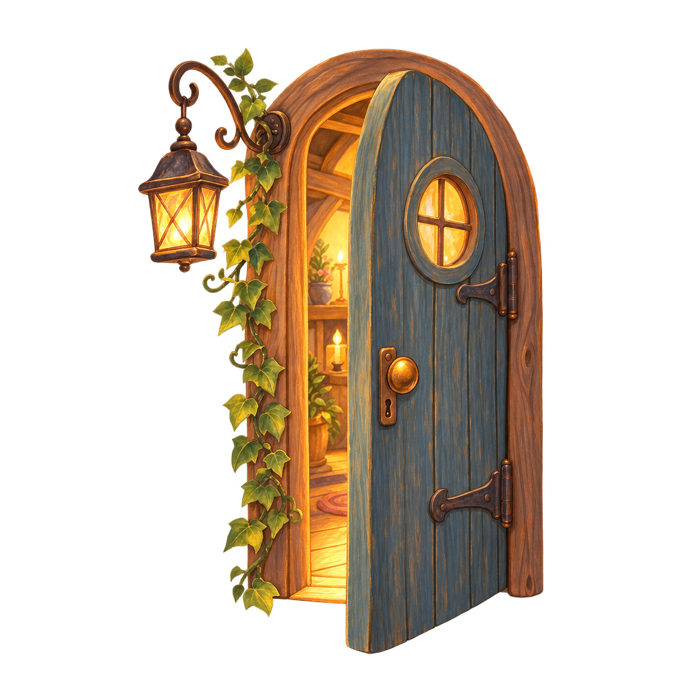 A small door ajar with warm light and a lit lantern beside it.