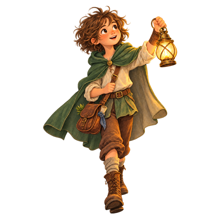 Ghan, a child in a green cloak holding up a lit brass lantern.