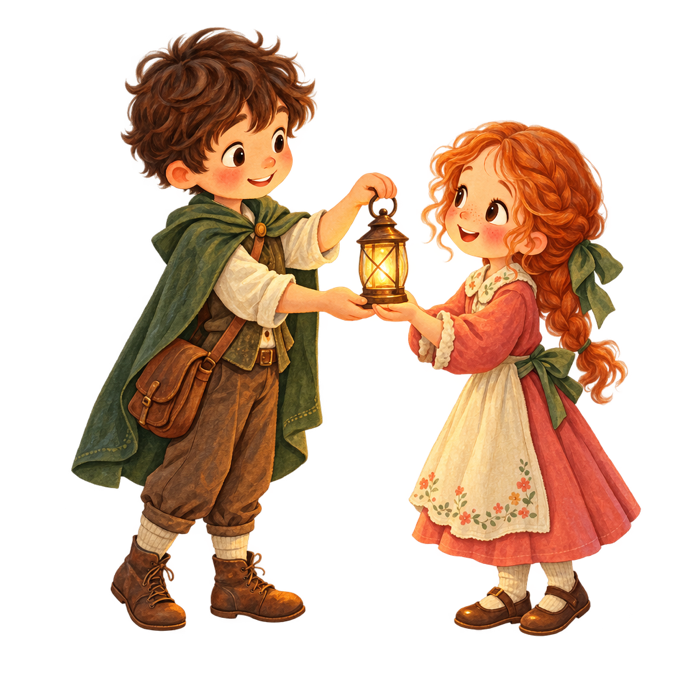 Two small characters, one passing a lit lantern into the other's cupped hands.