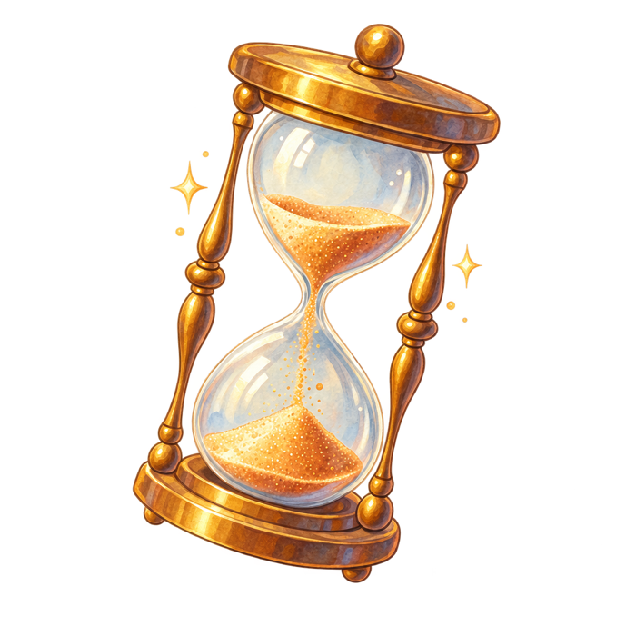 A brass hourglass with sand running through.