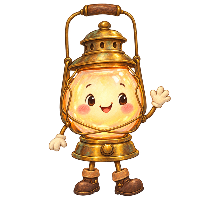 A small brass lantern character with a smiling face, waving.