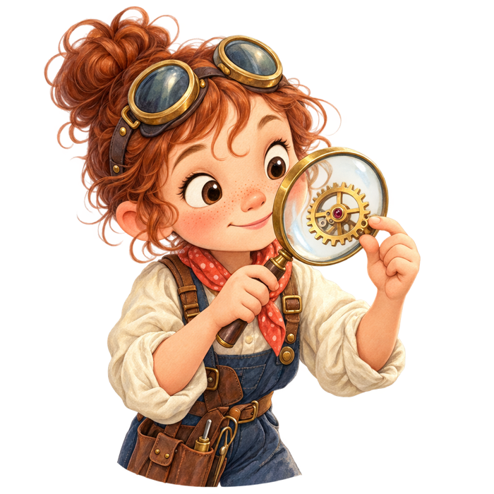 A young inspector with goggles pushed up in her hair, peering at a clockwork gear through a large brass magnifying glass.
