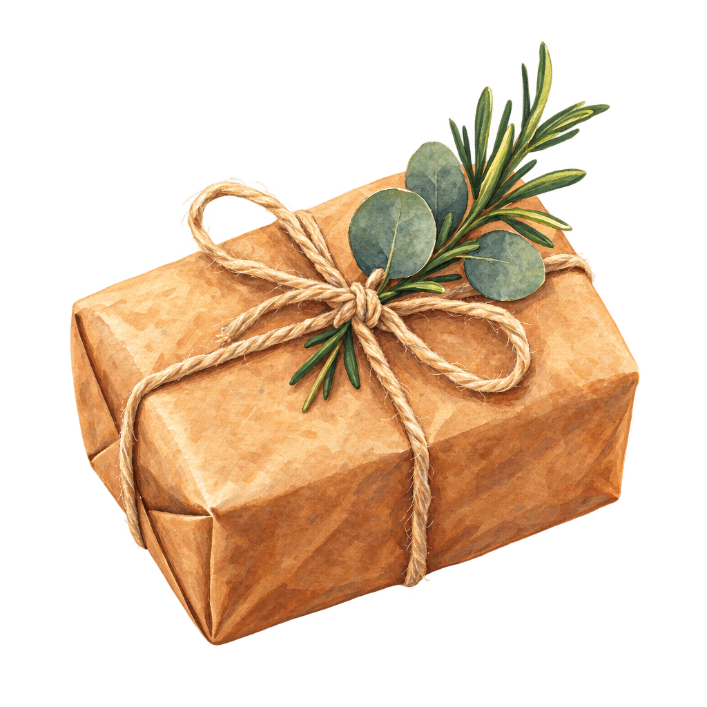 A small brown paper parcel tied with string.
