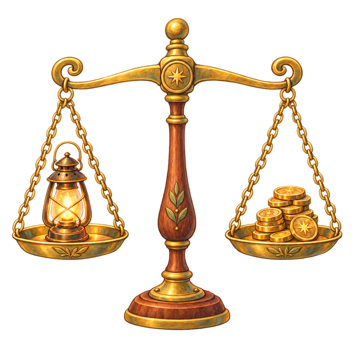 Brass balance scales holding a lantern and a stack of coins, level.