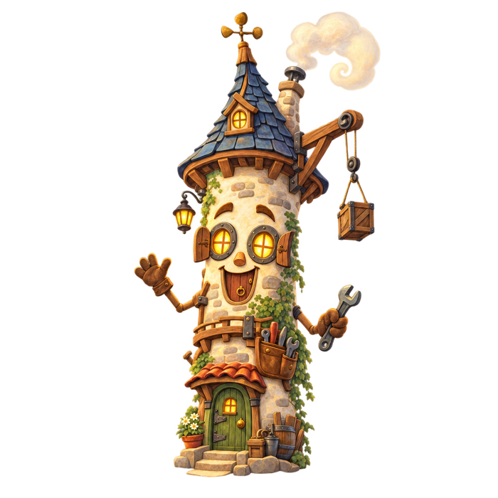 A cheerful workshop tower character with lit windows.