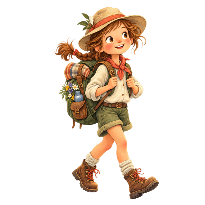 A cheerful traveller with a big backpack, mid-stride.